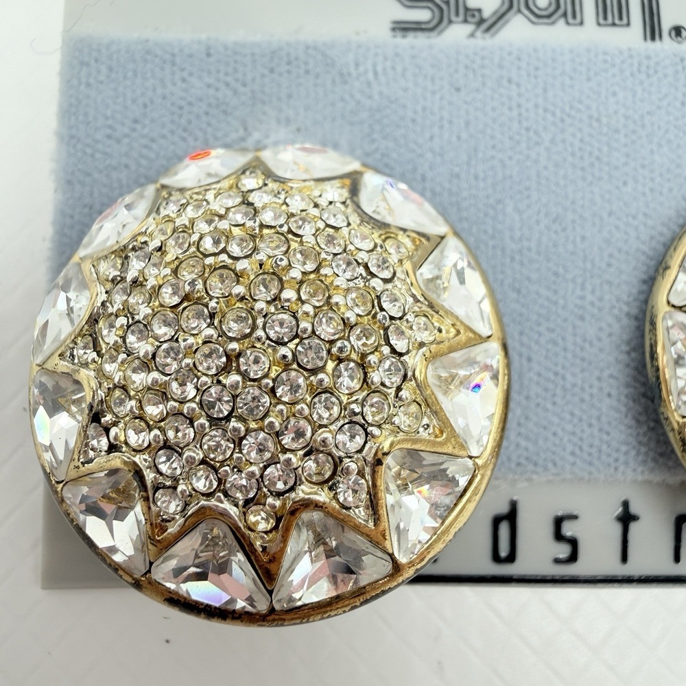 Vintage St. John Gold Tone & Clear Rhinestone Dome Button Clip Earrings READ - Picture 3 of 16